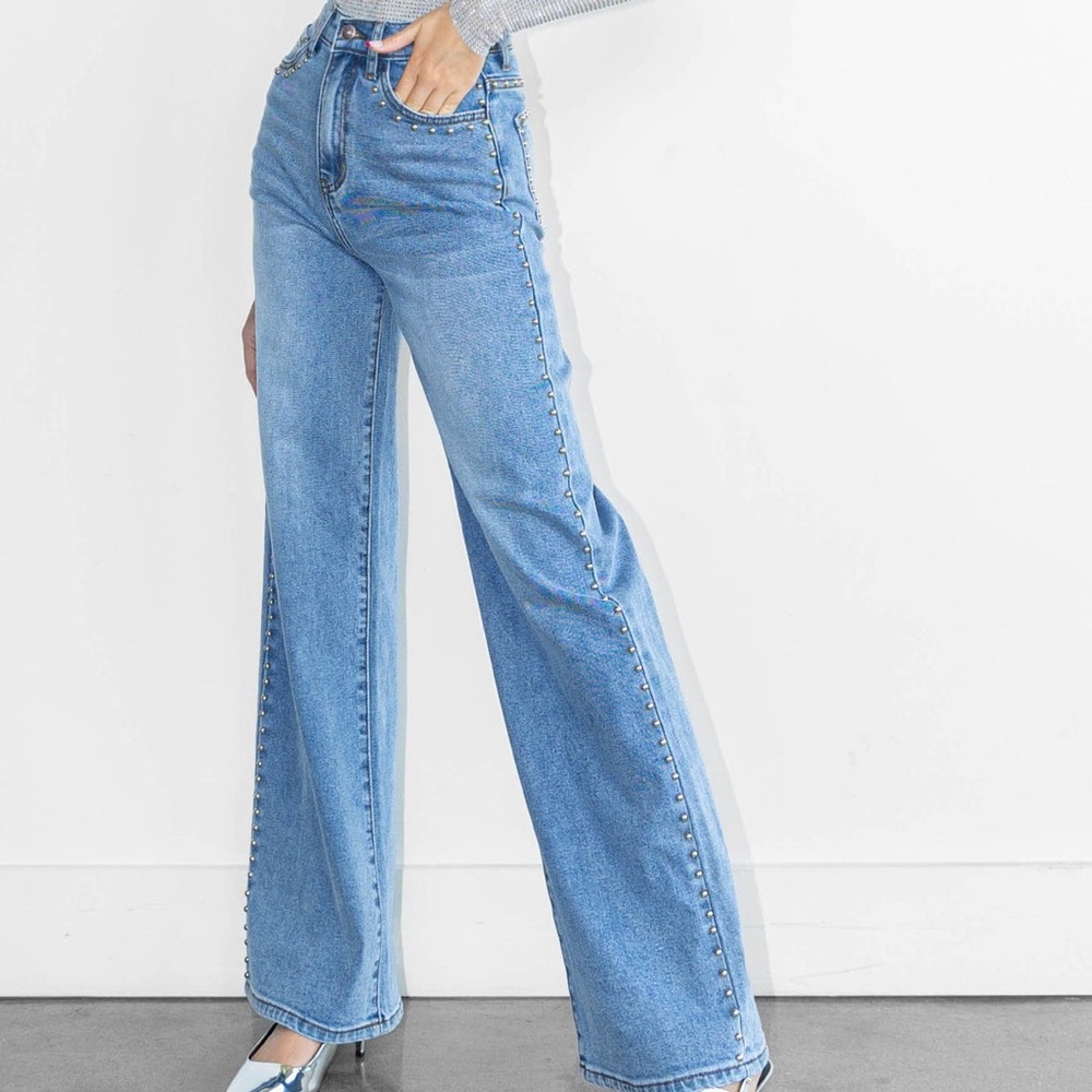 Studded women’s jeans‎ Wide Leg edgy moto statement metallic bold festival - Picture 6 of 13